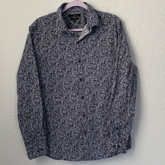 Marc Anthony Stretch Slim Fit Navy Floral Button Down Shirt Size L - Picture 2 of 9